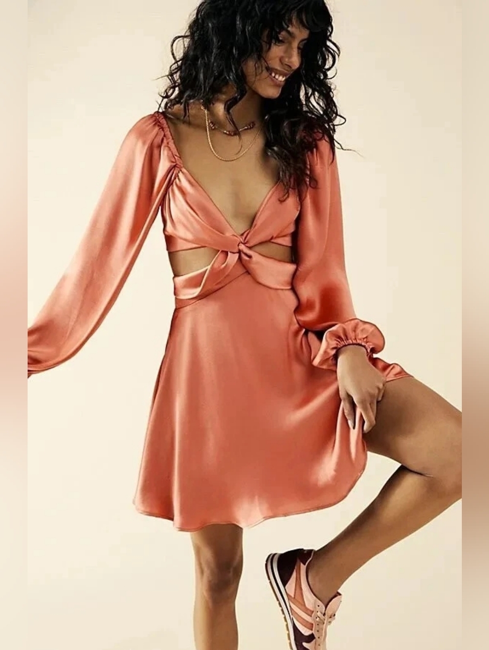 $220 Free People Justin Satin Cut Out Mini Dress Coral Size M
